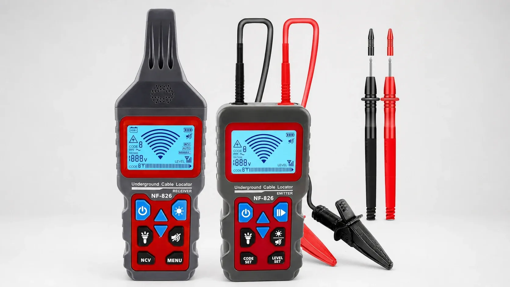 Professional-grade underground cable locator with receiver and emitter, showcasing clear display and buttons.