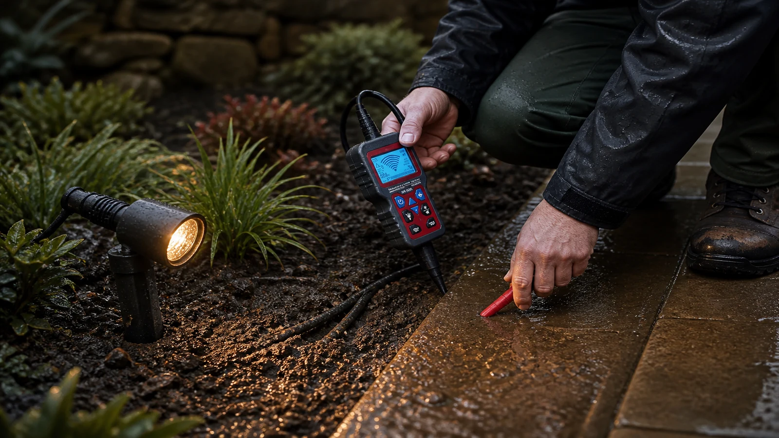 UK garden path lights after rain with a marked spot for inspecting a buried low-voltage cable fault