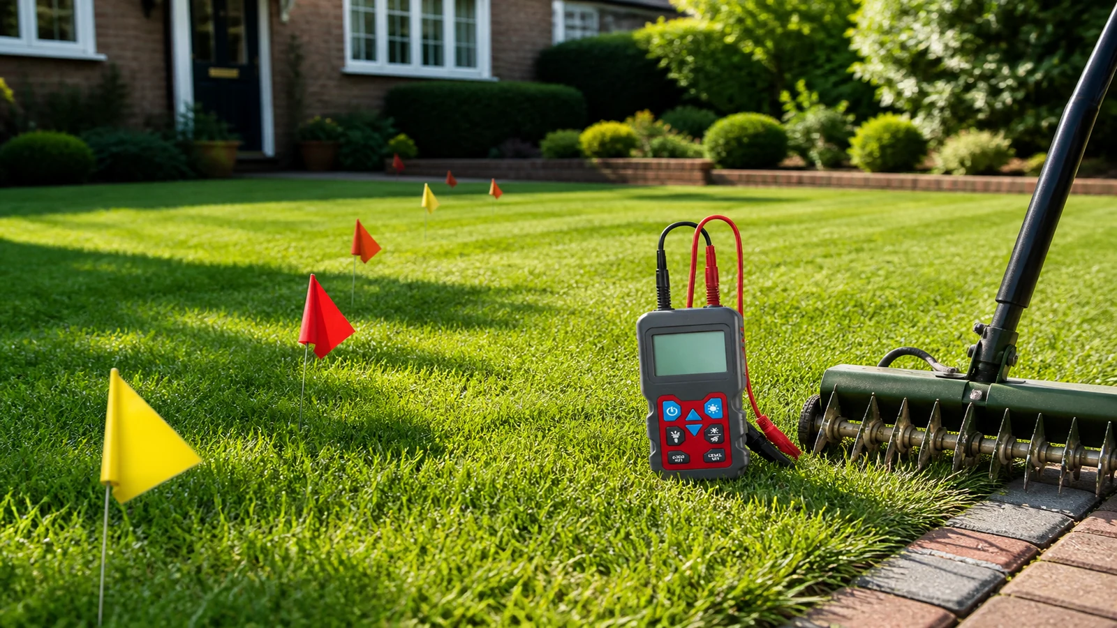 Flagged invisible dog fence route on a UK lawn before aeration