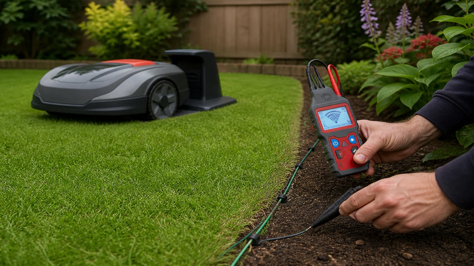 UK lawn showing the difference between a robot mower boundary loop and a guide wire path