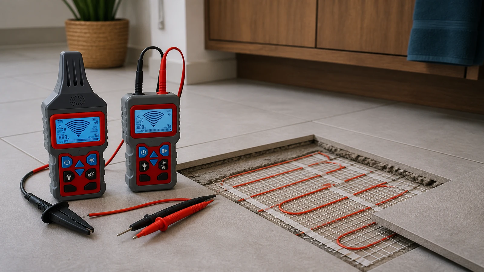Small floor opening prepared to inspect a suspected underfloor heating cable fault in a UK home