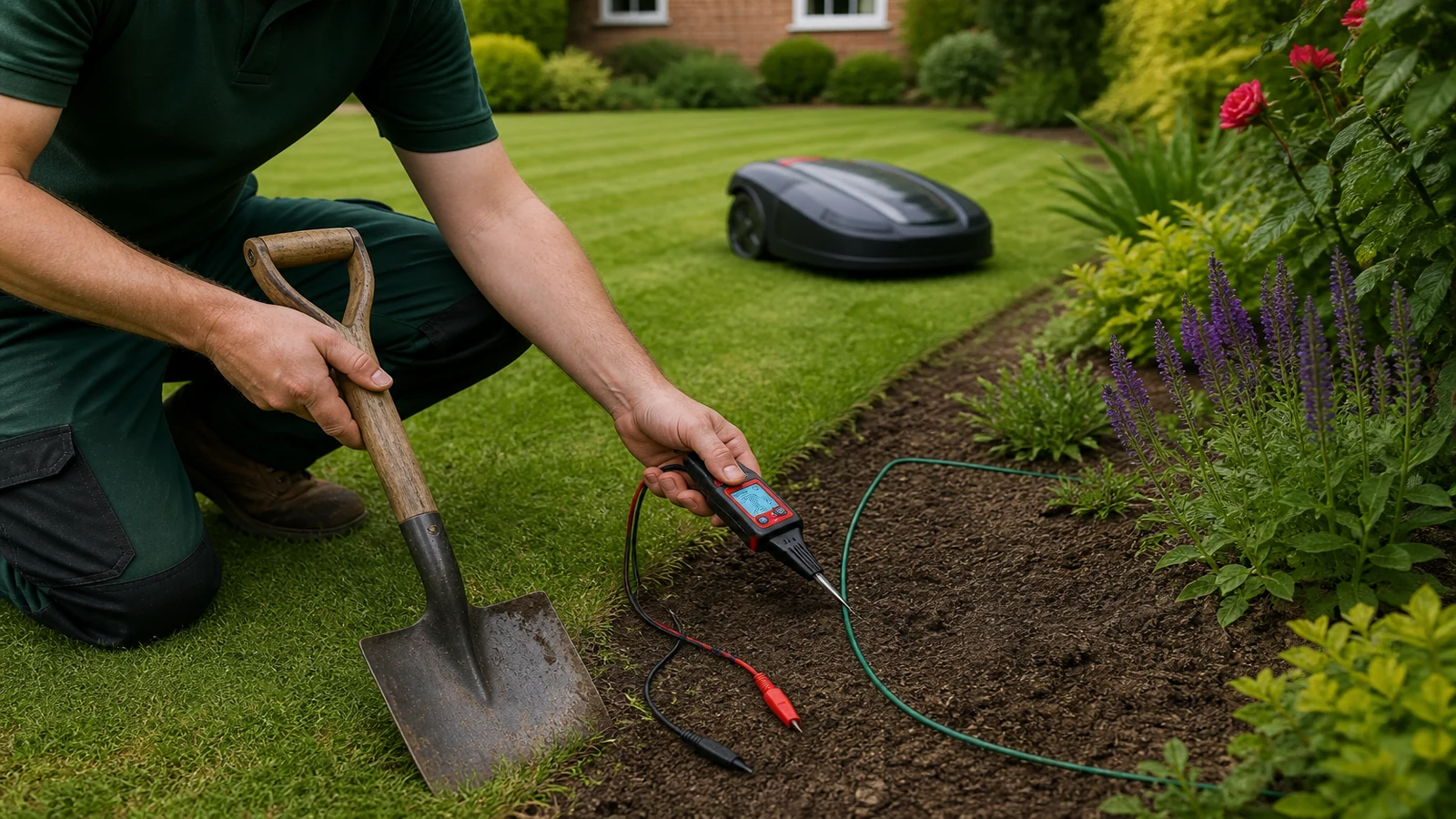 Homeowner creating a Worx-style boundary wire test loop at a robotic mower charging base